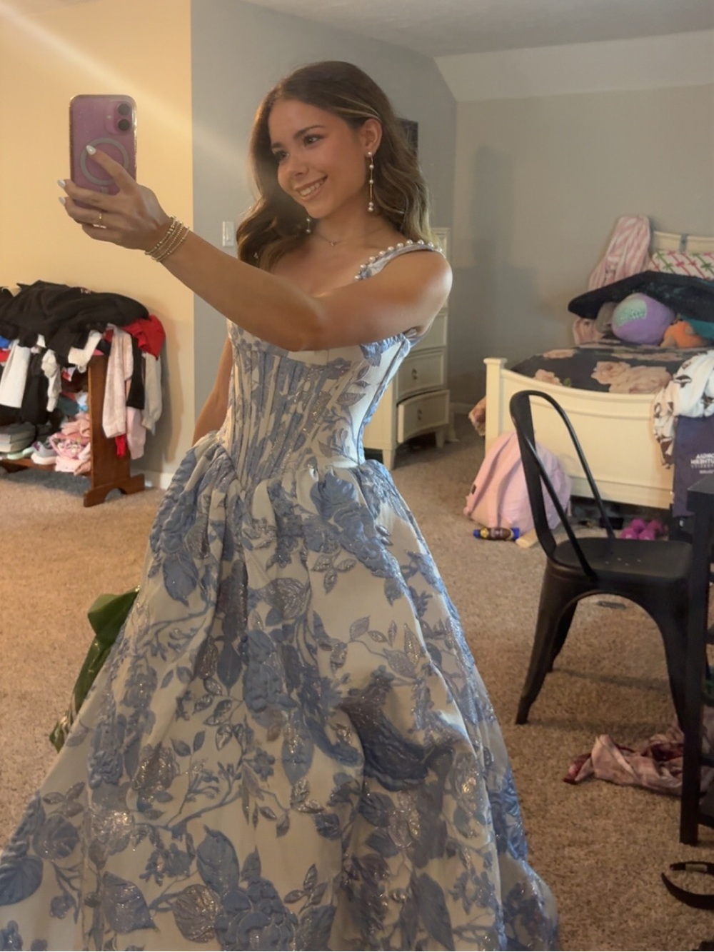 Sherri Hill Blue and White Floral Prom Dress - Picture 2 of 5